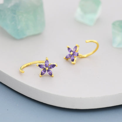 Amethyst Purple CZ Flower Huggie Hoop Earrings in Sterling Silver, Gold or Silver, Marquise CZ Flower Threader Hoop Earrings, Pull Through