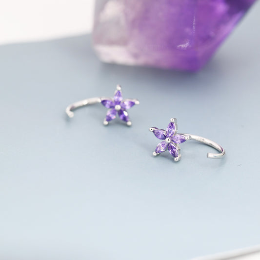 Amethyst Purple CZ Flower Huggie Hoop Earrings in Sterling Silver, Gold or Silver, Marquise CZ Flower Threader Hoop Earrings, Pull Through