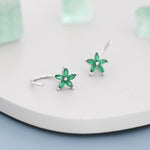 Emerald Green CZ Flower Huggie Hoop Earrings in Sterling Silver, Gold or Silver, Marquise CZ Flower Threader Hoop Earrings, Pull Through