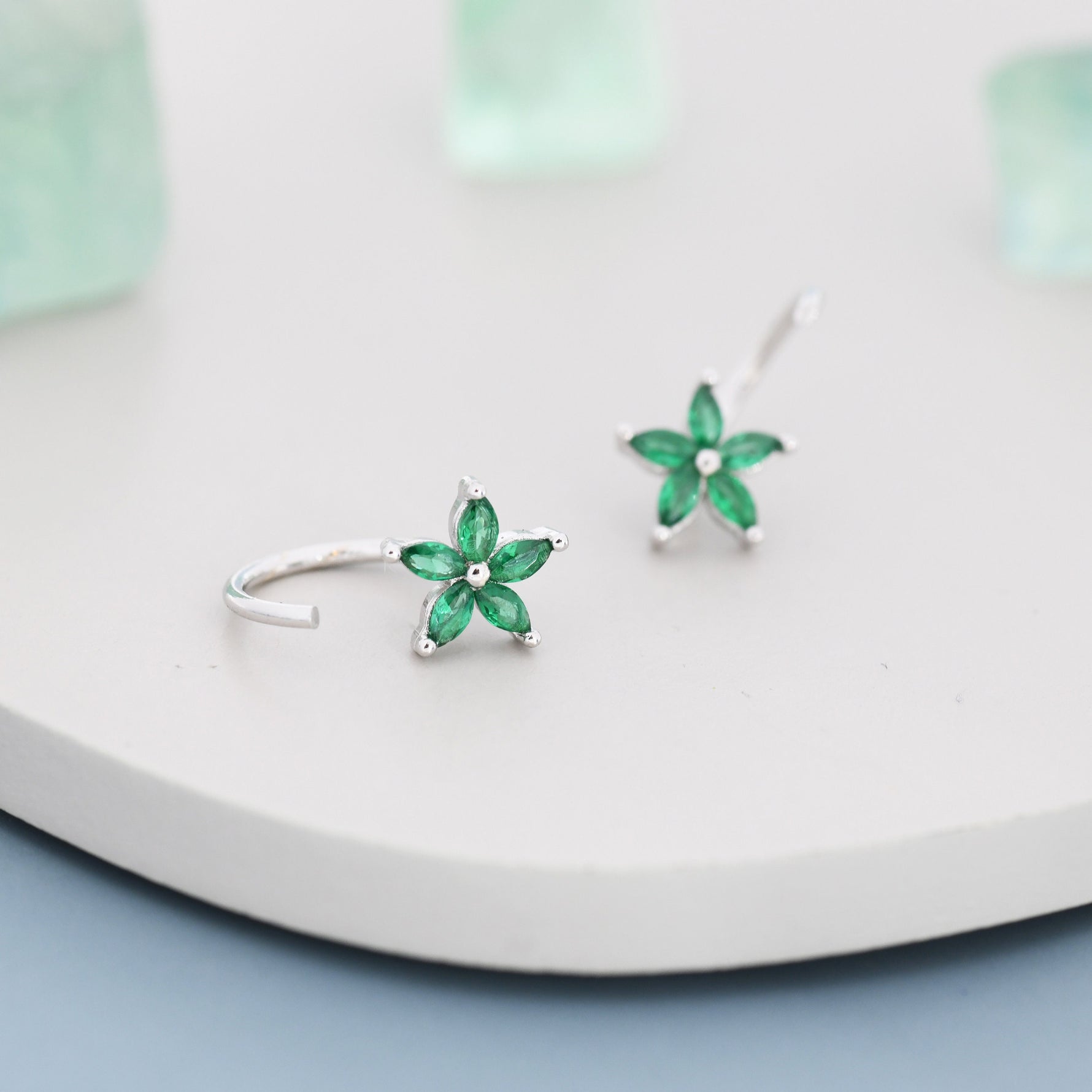 Emerald Green CZ Flower Huggie Hoop Earrings in Sterling Silver, Gold or Silver, Marquise CZ Flower Threader Hoop Earrings, Pull Through