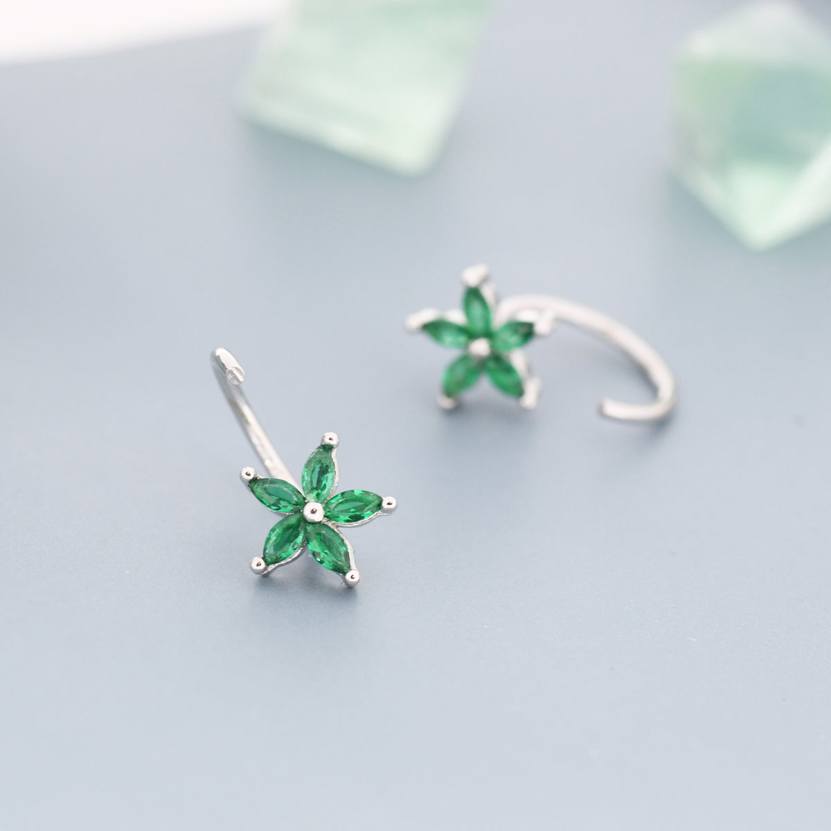 Emerald Green CZ Flower Huggie Hoop Earrings in Sterling Silver, Gold or Silver, Marquise CZ Flower Threader Hoop Earrings, Pull Through