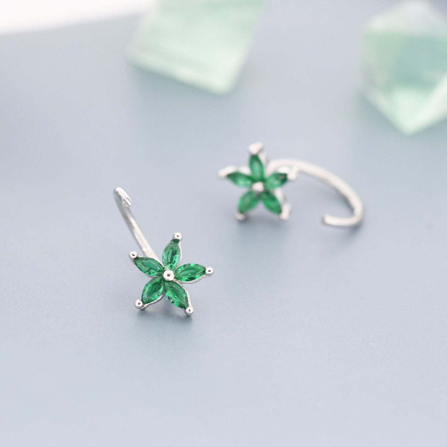 Emerald Green CZ Flower Huggie Hoop Earrings in Sterling Silver,  Gold or Silver, Marquise CZ Flower Threader Hoop Earrings, Pull Through