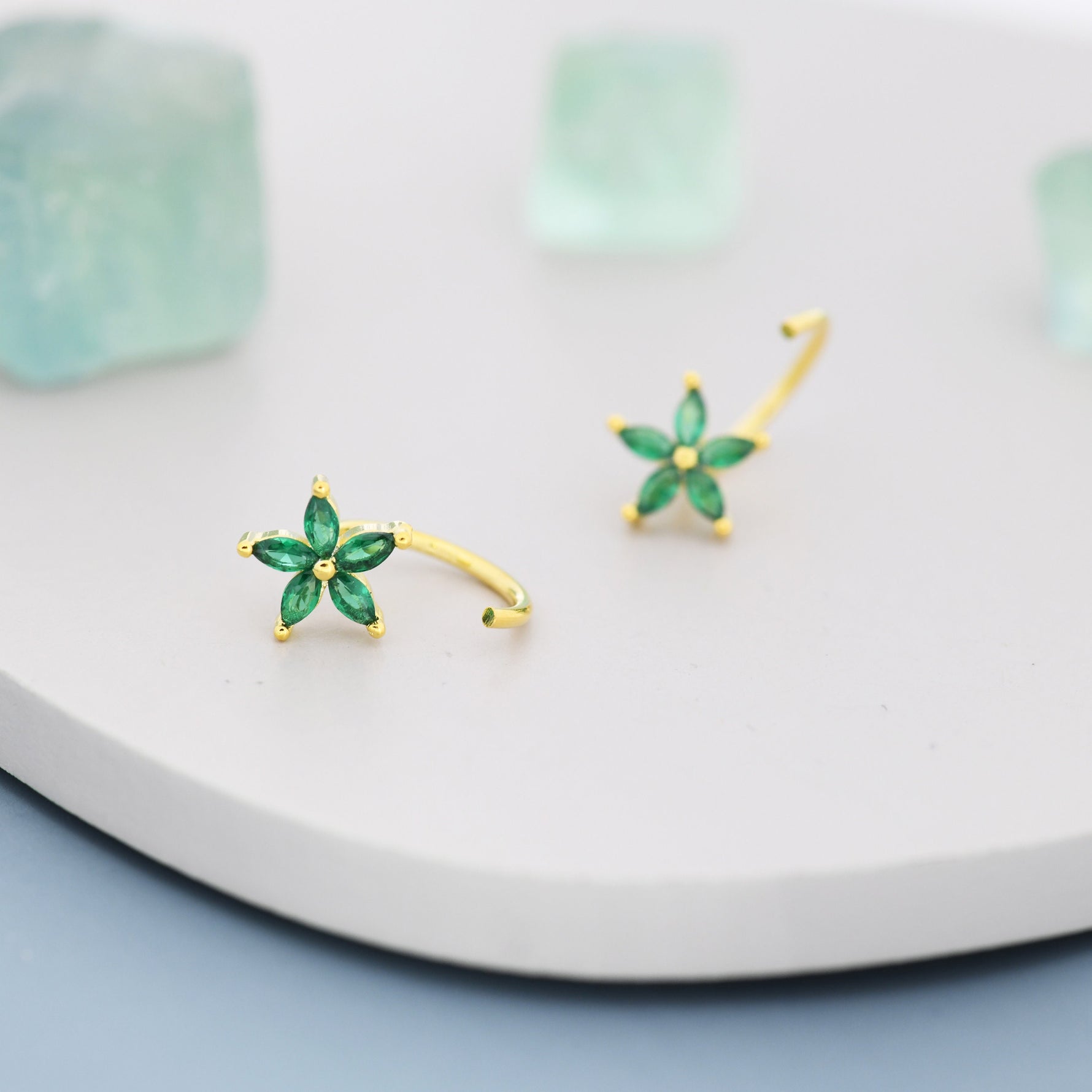 Emerald Green CZ Flower Huggie Hoop Earrings in Sterling Silver, Gold or Silver, Marquise CZ Flower Threader Hoop Earrings, Pull Through