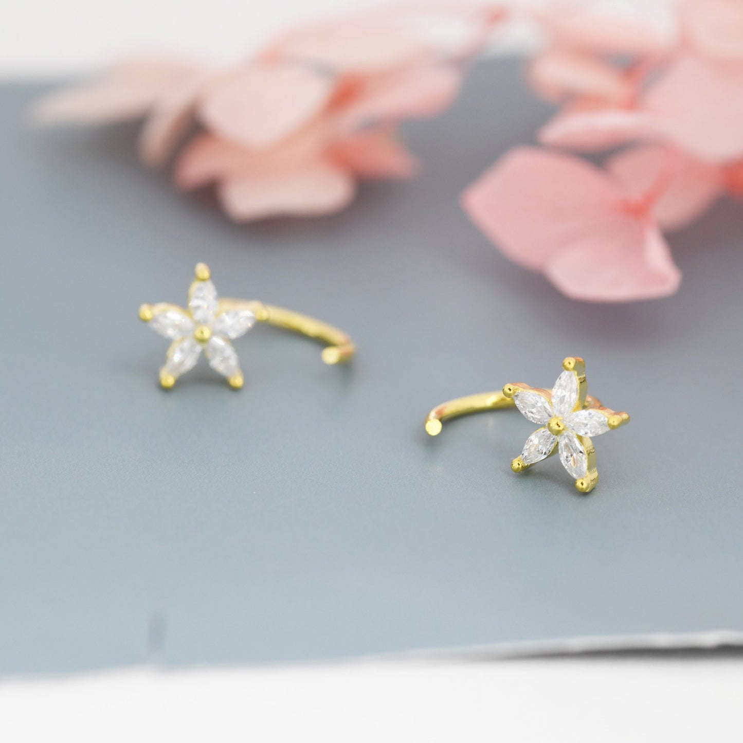 CZ Forget-me-not Flower Huggie Hoop Earrings in Sterling Silver,  Gold or Silver, Marquise CZ Flower Threader Hoop Earrings, Pull Through