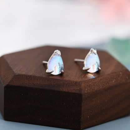 Sterling Silver Droplet Moonstone Stud Earrings, Prong Set, Mermaid Colour Earrings, Simulated Moonstone Glass Earrings, Minimalist