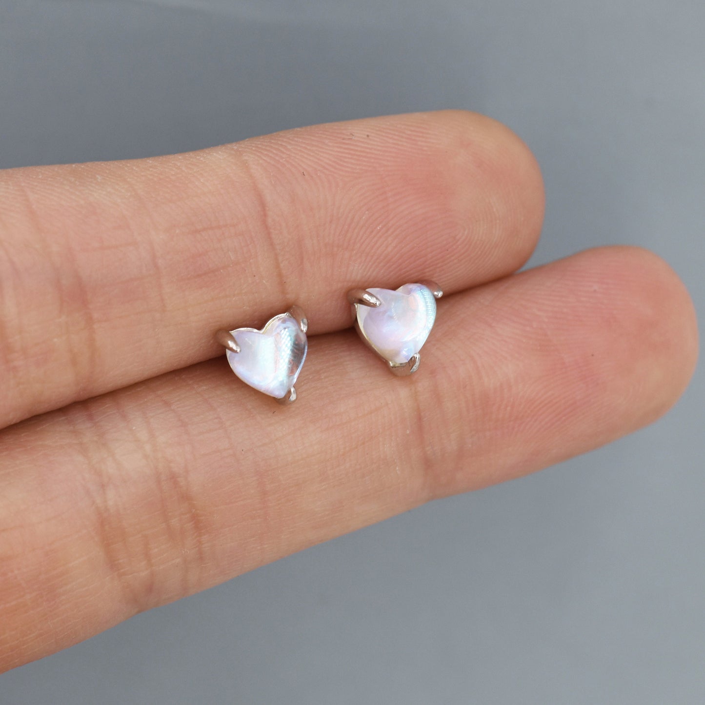 Sterling Silver Heart Shape Moonstone Stud Earrings, Prong Set, Mermaid Colour Earrings, Simulated Moonstone Glass Earrings, Minimalist