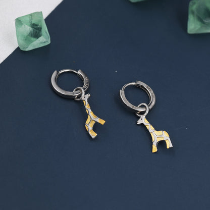 Giraffe Huggie Hoop Earrings in Sterling Silver, Silver and Gold Two Tone Finish, Giraffe Dangle Earrings, Detachable and Interchangeable