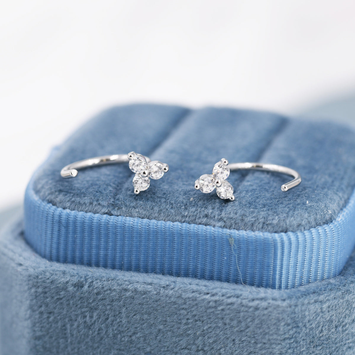 Three CZ Trinity Threader Hoop Earrings in Sterling Silver, Three Dot Open Hoop Earrings, Huggie Hoop, Silver or Gold, Pull Through