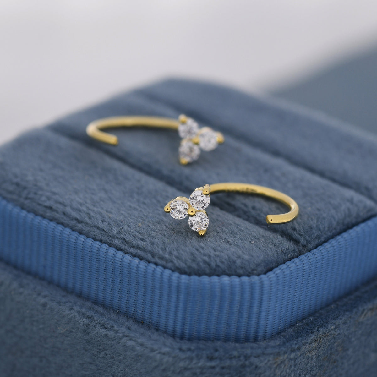 Three CZ Trinity Threader Hoop Earrings in Sterling Silver, Three Dot Open Hoop Earrings, Huggie Hoop, Silver or Gold, Pull Through