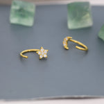 Asymmetric Tiny Moon and Star CZ Huggie Hoop Earrings in Sterling Silver, Silver, Gold or Rose Gold, Open Threader, Threader Hoop