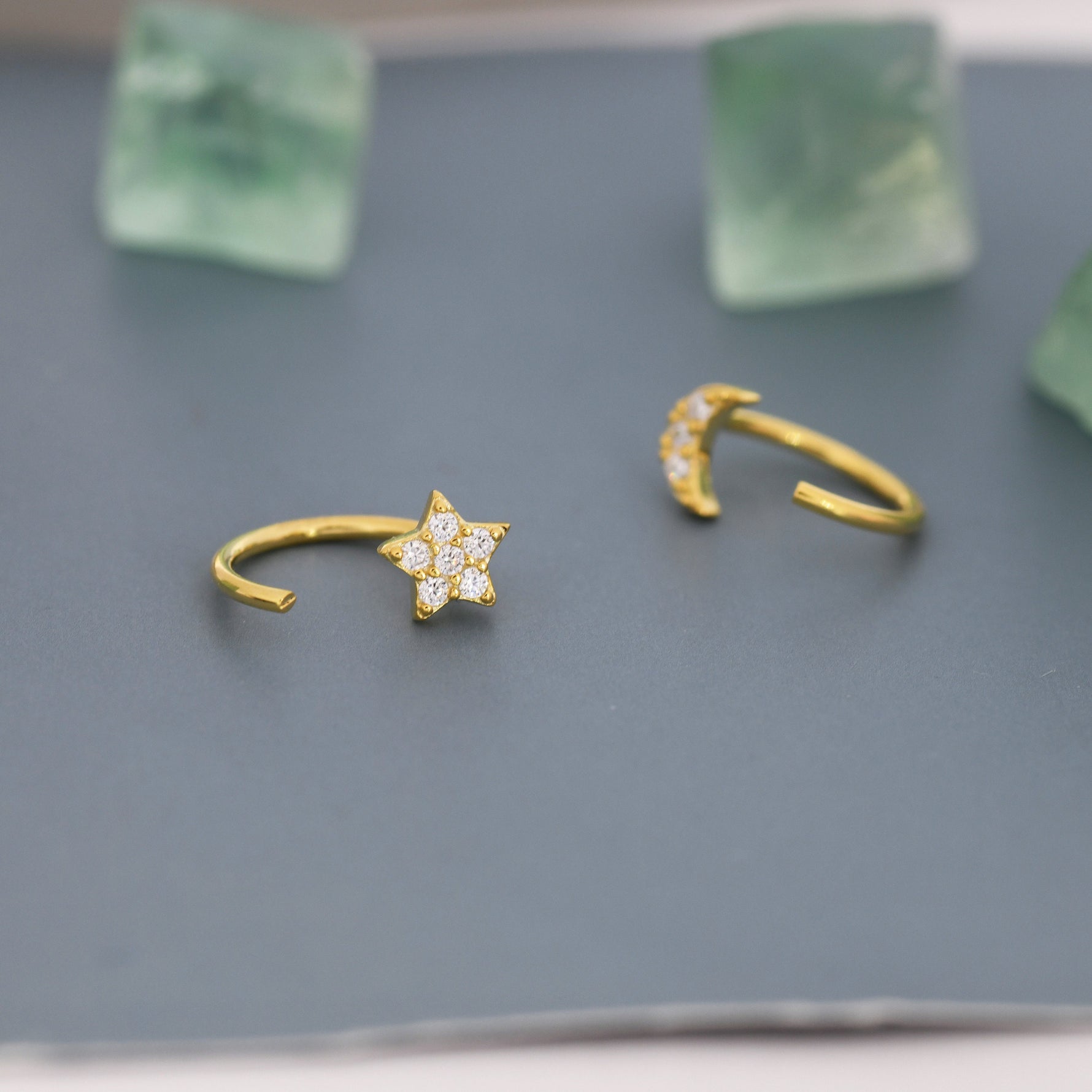 Asymmetric Tiny Moon and Star CZ Huggie Hoop Earrings in Sterling Silver, Silver, Gold or Rose Gold, Open Threader, Threader Hoop