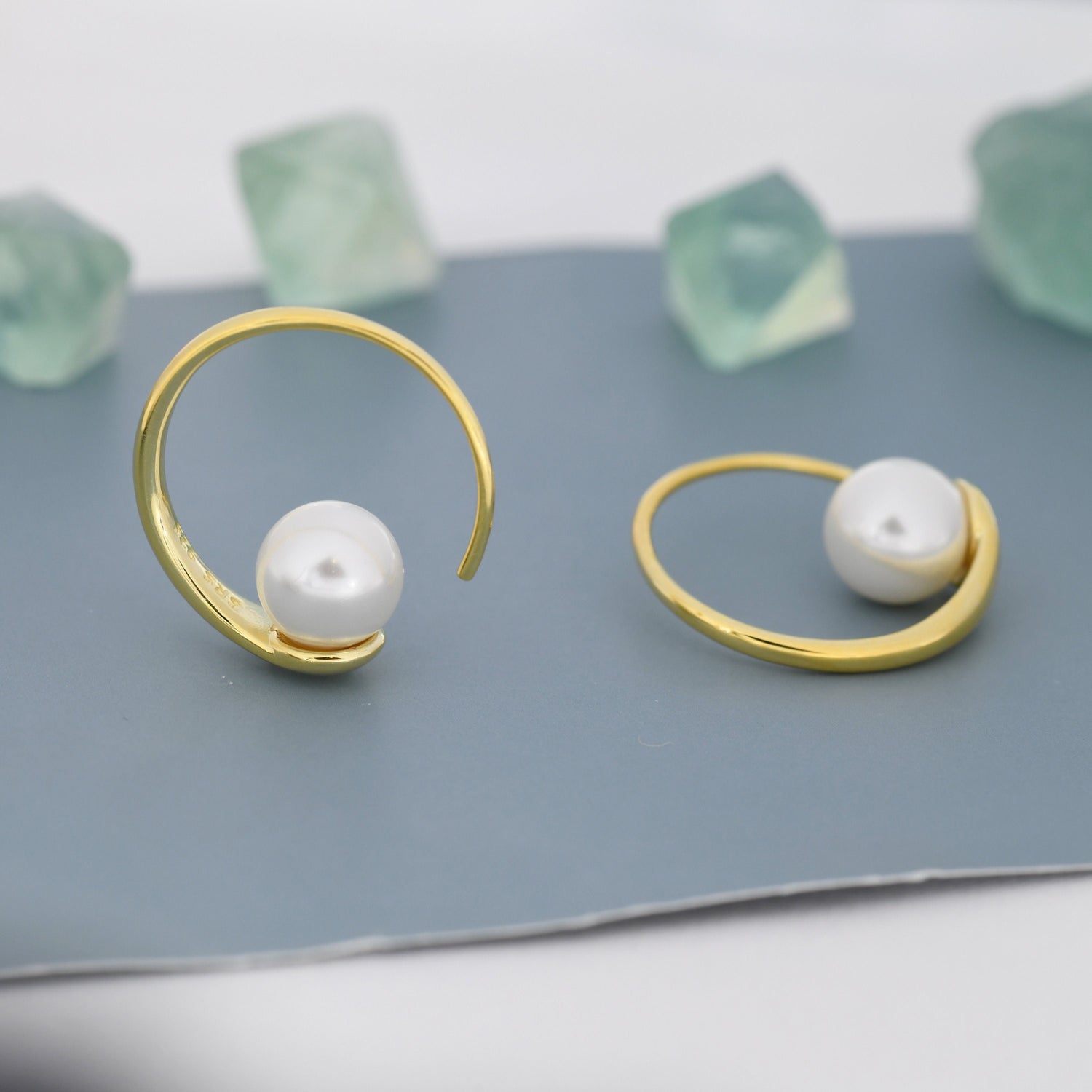 Large Pearl Open Hoop Earrings in Sterling Silver, Silver or Gold, Large Balance Pearl Pull Through Threaders, 20mm Hoops, Organic Shape