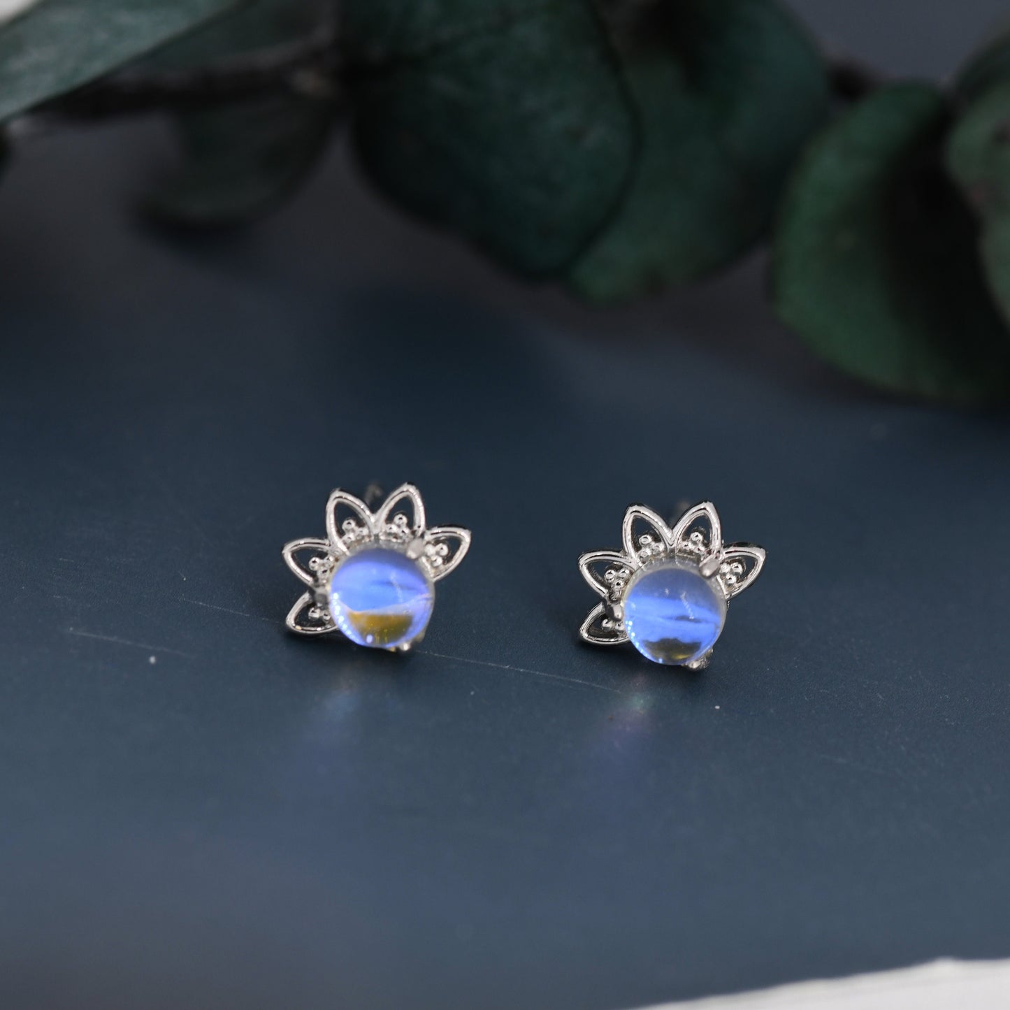 Sterling Silver Moonstone Crown Stud Earrings, Prong Set, Mermaid Colour Earrings, Simulated Moonstone Glass Earrings, Minimalist