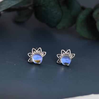 Sterling Silver Moonstone Crown Stud Earrings, Prong Set, Mermaid Colour Earrings, Simulated Moonstone Glass Earrings, Minimalist