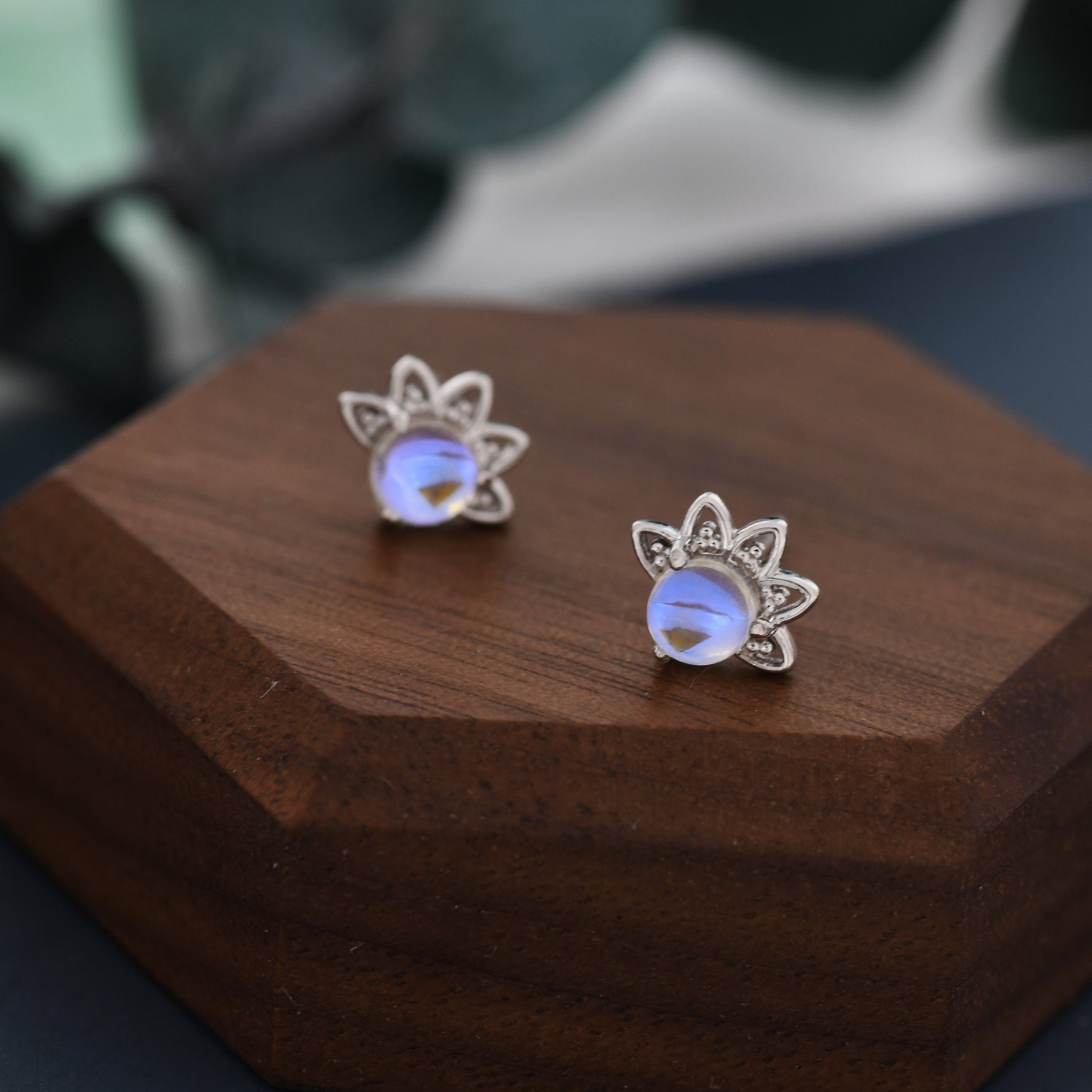 Sterling Silver Moonstone Crown Stud Earrings, Prong Set, Simulated Moonstone Earrings, Minimalist