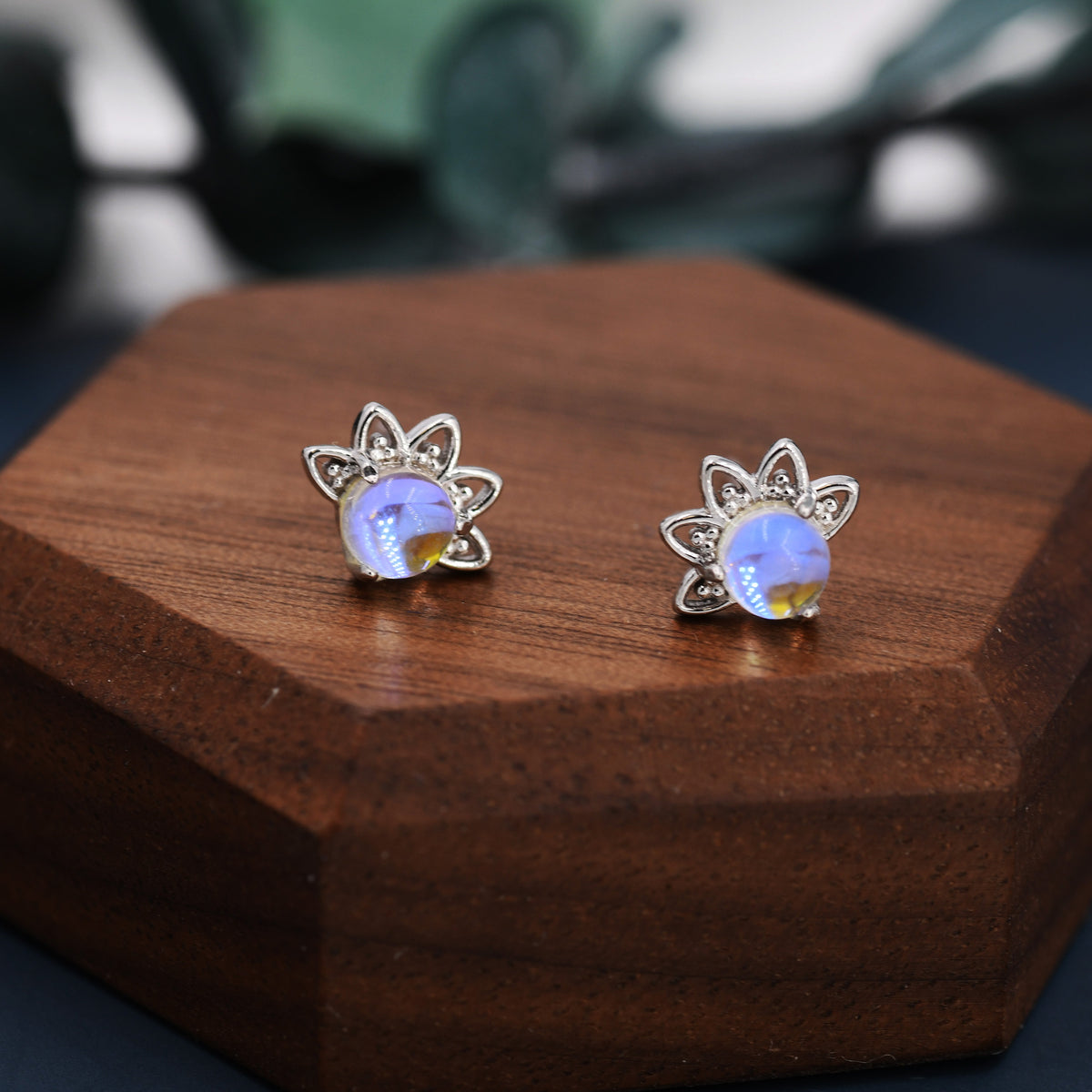 Sterling Silver Moonstone Crown Stud Earrings, Prong Set, Simulated Moonstone Earrings, Minimalist