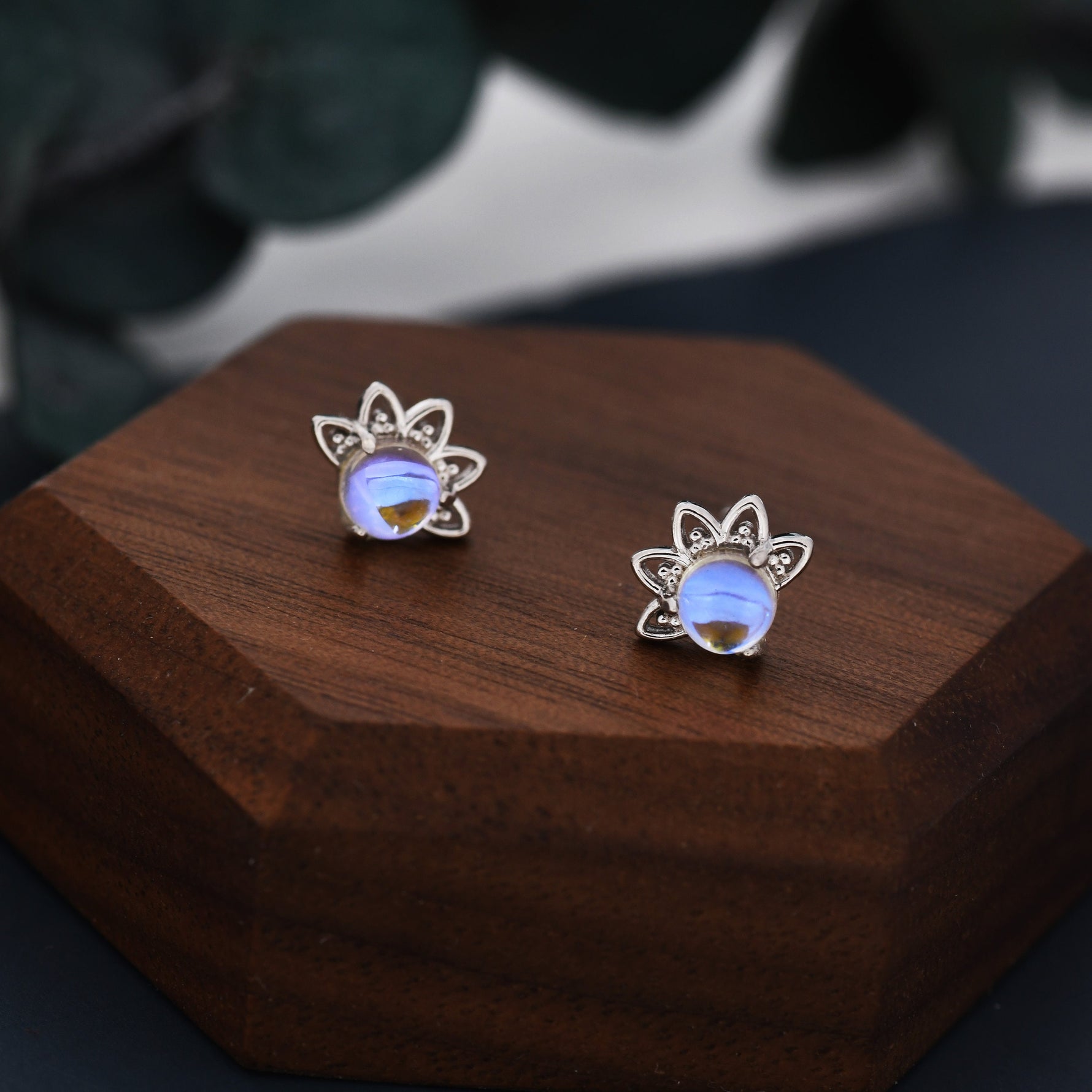 Sterling Silver Moonstone Crown Stud Earrings, Prong Set, Simulated Moonstone Earrings, Minimalist