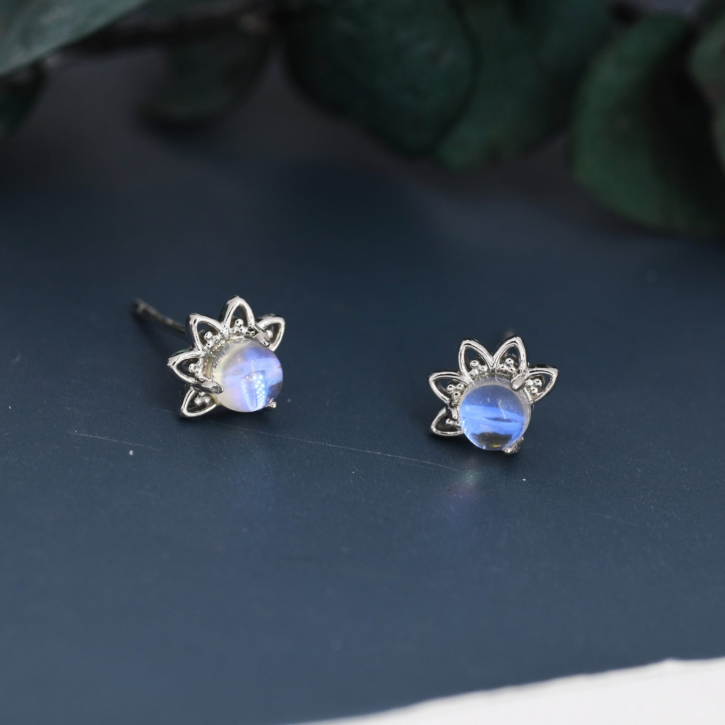 Sterling Silver Moonstone Crown Stud Earrings, Prong Set, Mermaid Colour Earrings, Simulated Moonstone Glass Earrings, Minimalist