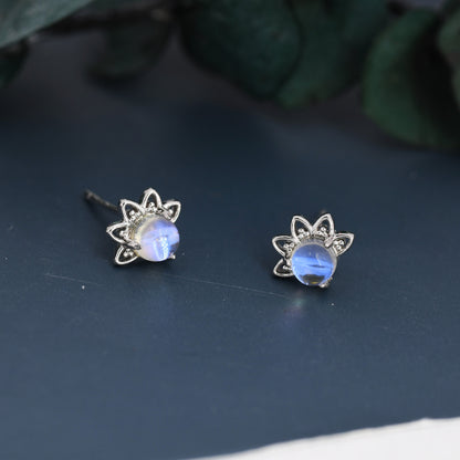 Sterling Silver Moonstone Crown Stud Earrings, Prong Set, Mermaid Colour Earrings, Simulated Moonstone Glass Earrings, Minimalist