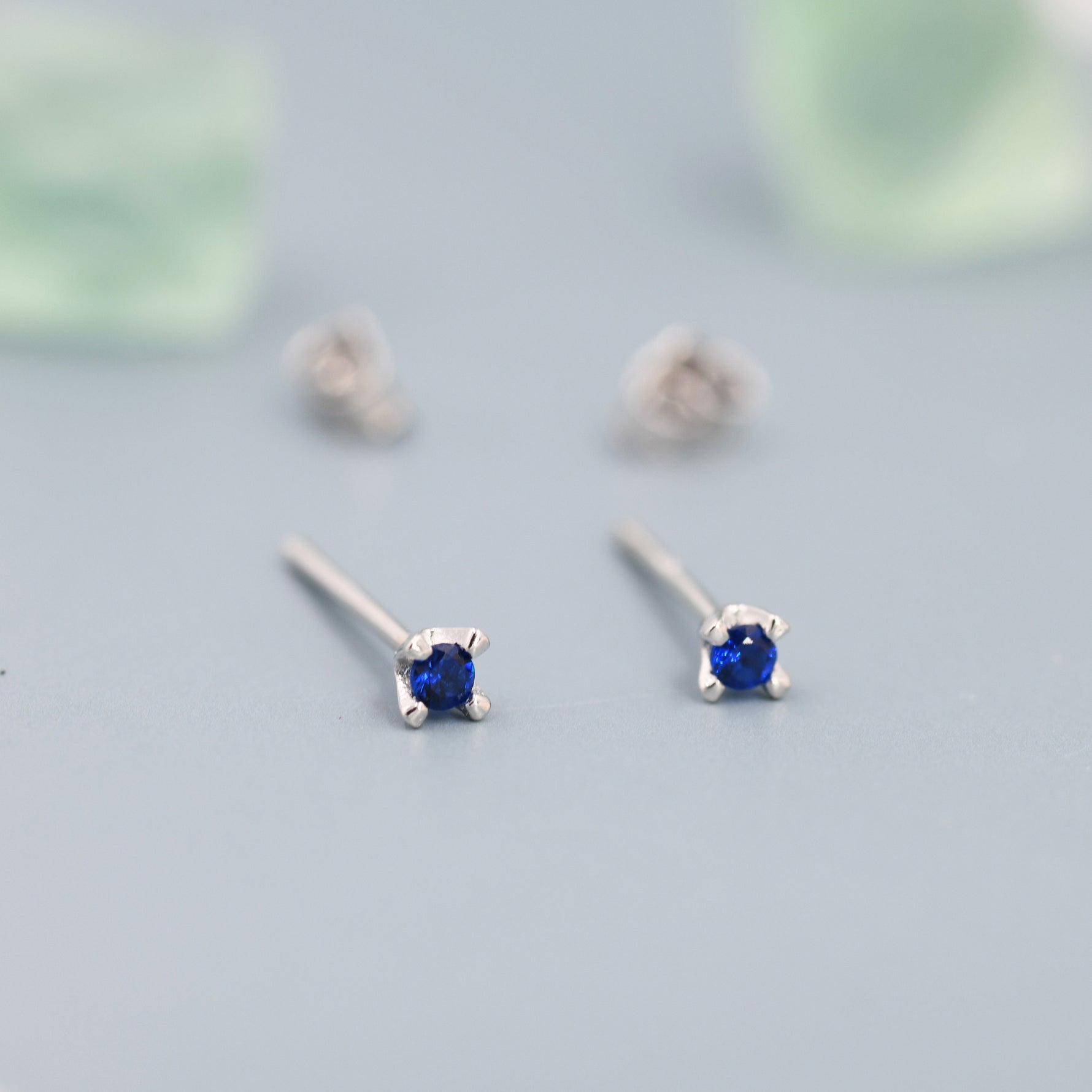 Extra Tiny 2mm Sapphire Blue CZ Stud Earrings in Sterling Silver, Barely Visible Stud Earrings, 2mm Blue Earrings, Tiny Crystal Earrings