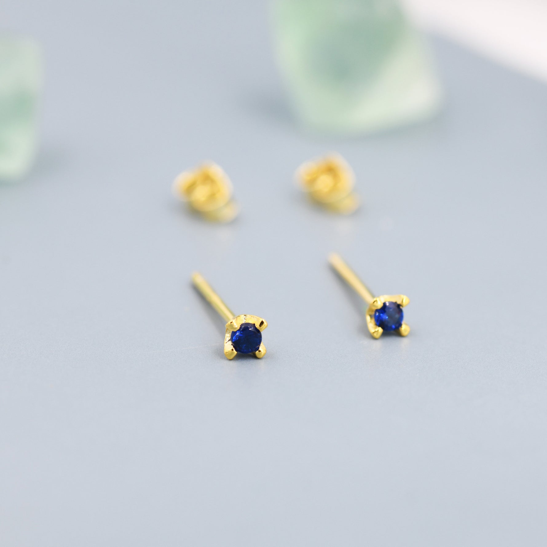 Extra Tiny 2mm Sapphire Blue CZ Stud Earrings in Sterling Silver, Barely Visible Stud Earrings, 2mm Blue Earrings, Tiny Crystal Earrings