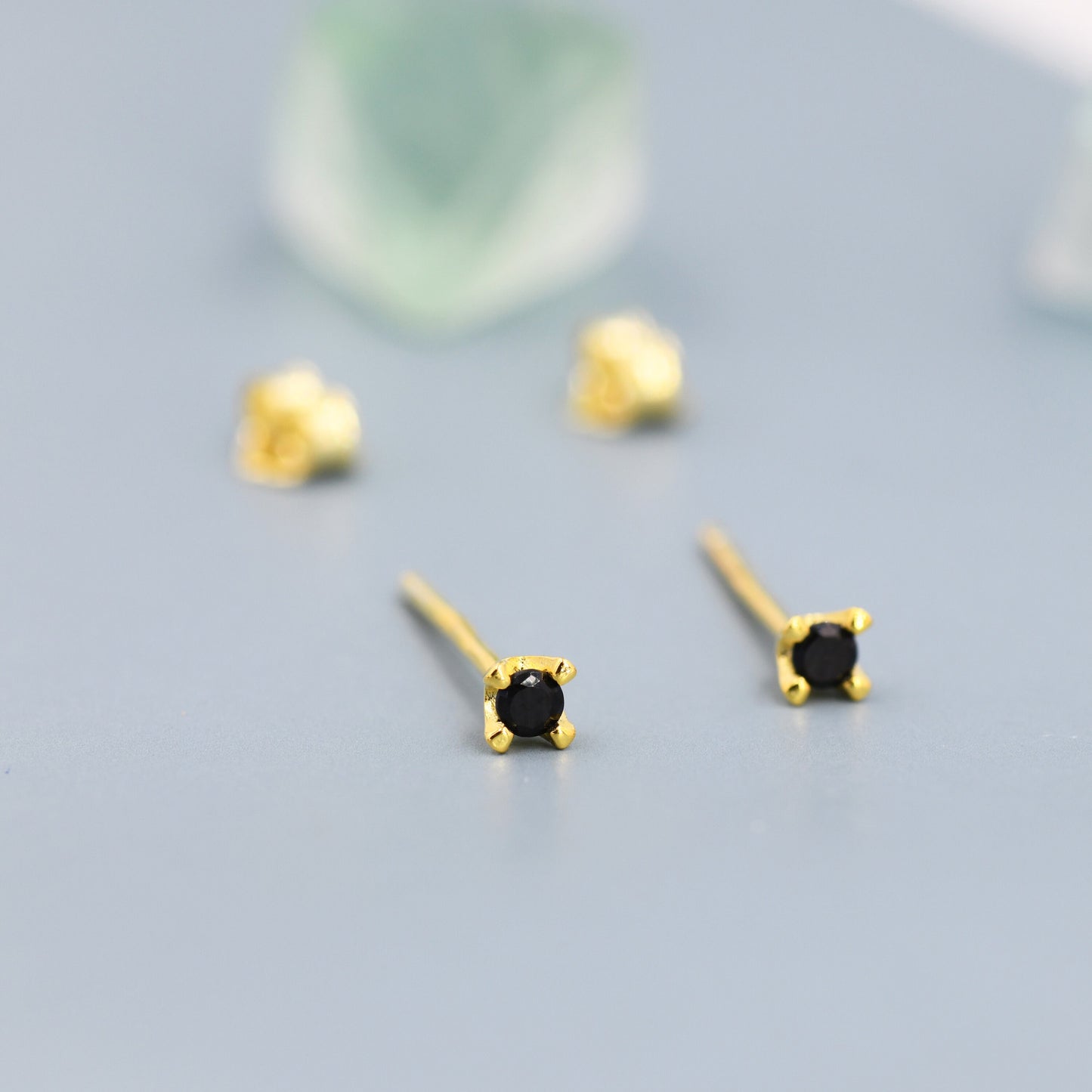 Extra Tiny 2mm Black CZ Stud Earrings in Sterling Silver, Barely Visible Stud Earrings, 2mm Black Earrings, Tiny Crystal Earrings