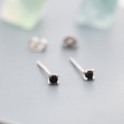 Extra Tiny 2mm Black CZ Stud Earrings in Sterling Silver, Barely Visible Stud Earrings, 2mm Black Earrings, Tiny Crystal Earrings