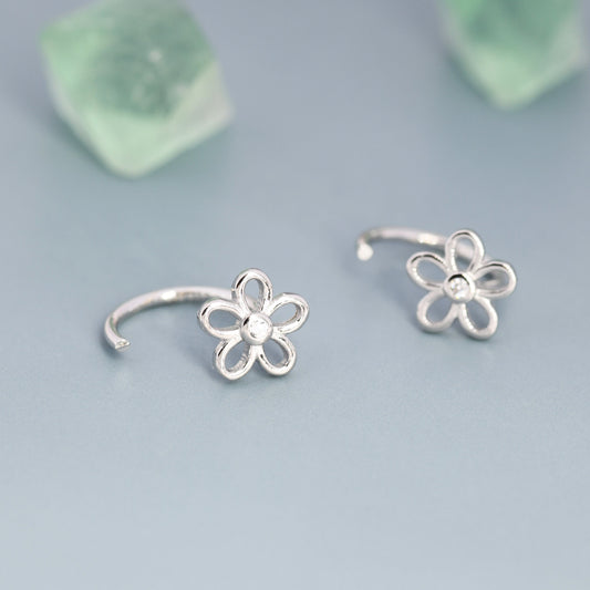 Forget me not Flower Huggie Hoop Earrings in Sterling Silver, Curved Post Earrings, Open Hoops,  Pull-Through Threader Earrings,