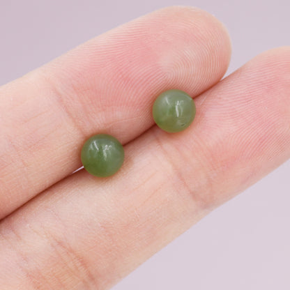 Natural Jasper Jade Stud Earrings in Sterling Silver, Simple Spinach Green Jade Earrings, 6mm Jade Ball Earrings