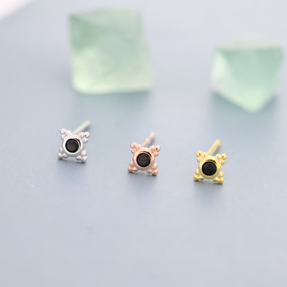 Extra Tiny Dotted Cluster Black CZ Stud Earrings in Sterling Silver, Gold or Silver or Rose Gold, Four Cluster Earrings, Stacking Earrings