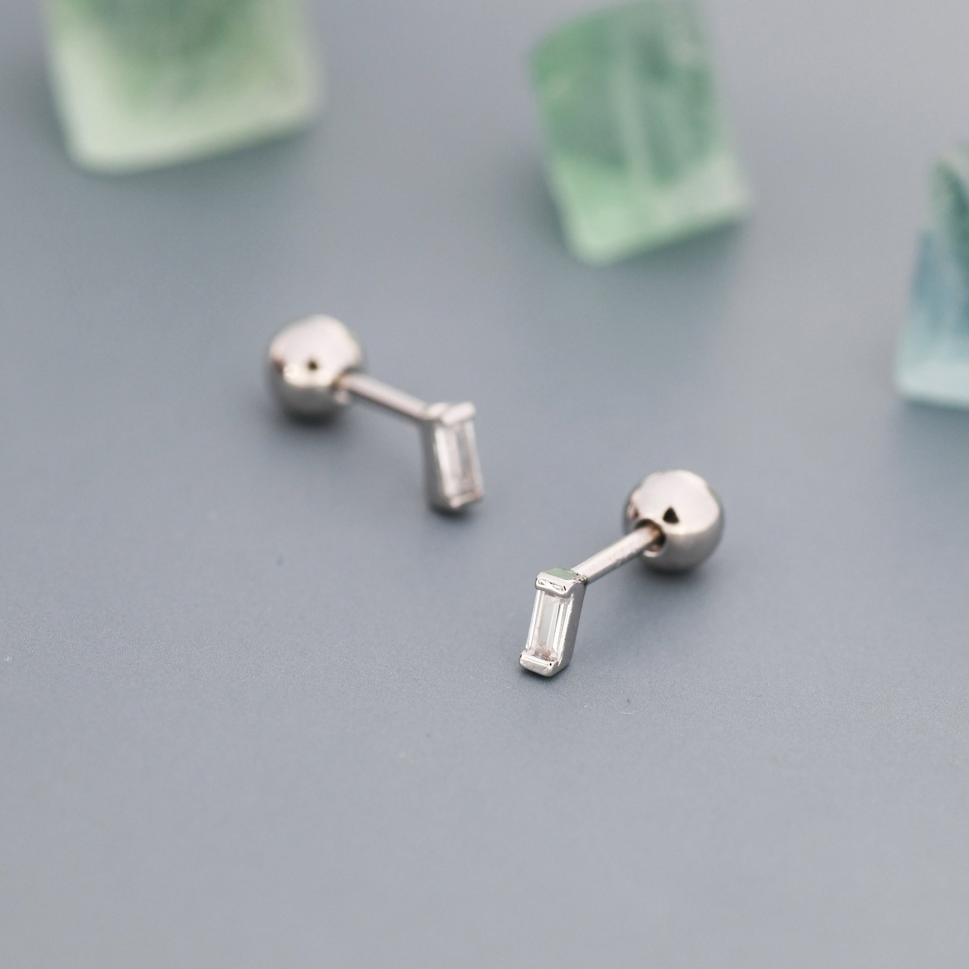 Extra Tiny Baguette CZ Screw Back Earrings in Sterling Silver, Silver or Gold, Geometric CZ Earrings, Stacking Earrings, Barbell Earrings