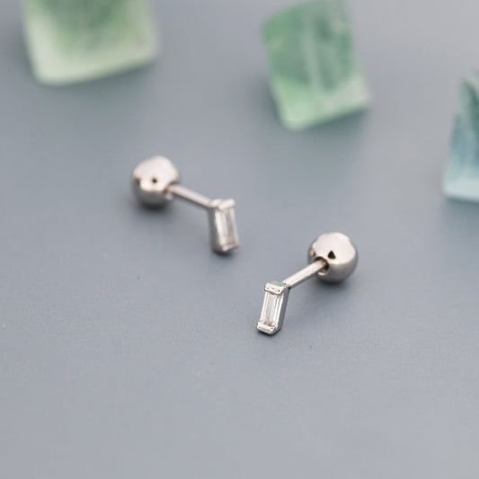 Extra Tiny Baguette CZ Screw Back Earrings in Sterling Silver, Silver or Gold, Geometric CZ Earrings, Stacking Earrings, Barbell Earrings