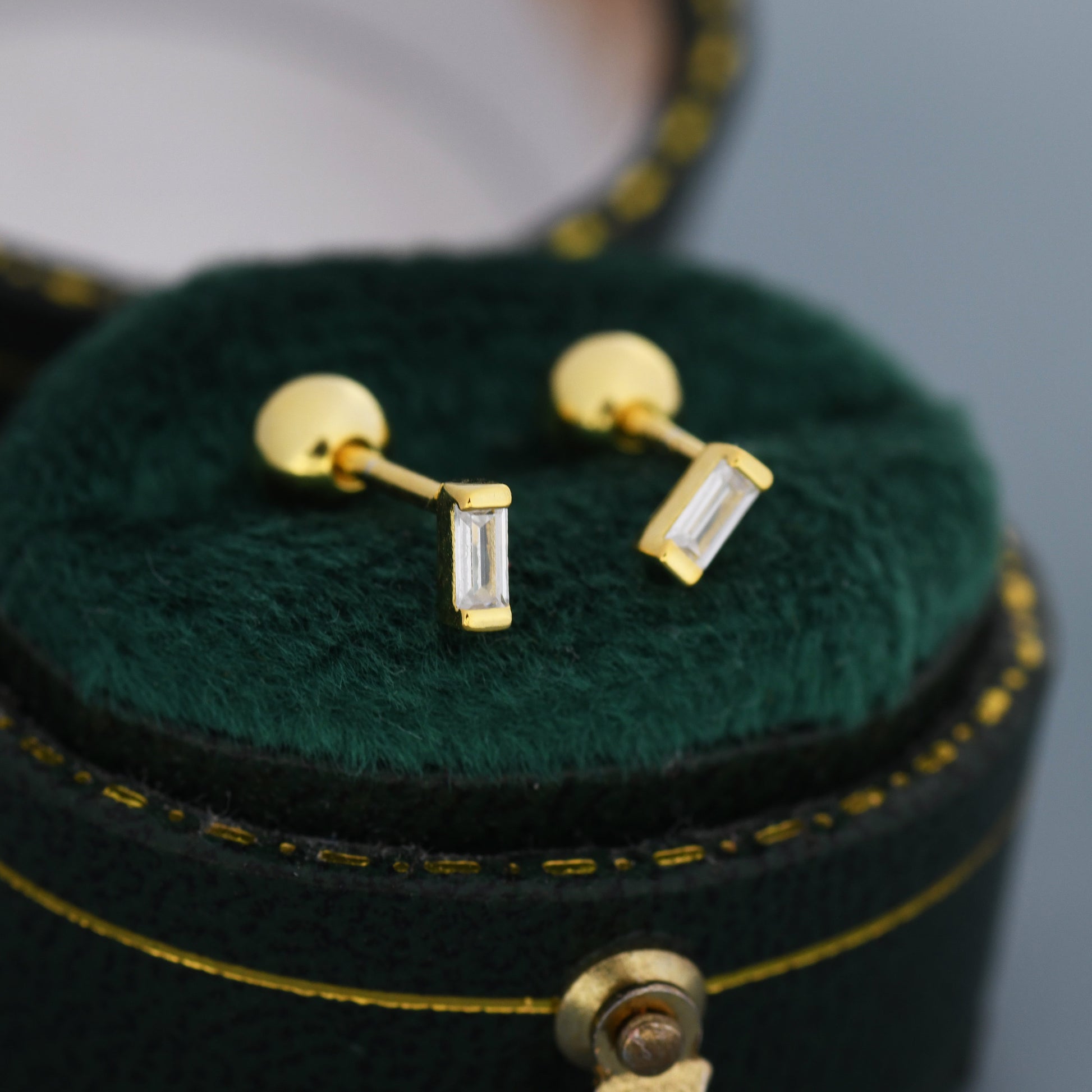 Extra Tiny Baguette CZ Screw Back Earrings in Sterling Silver, Silver or Gold, Geometric CZ Earrings, Stacking Earrings, Barbell Earrings