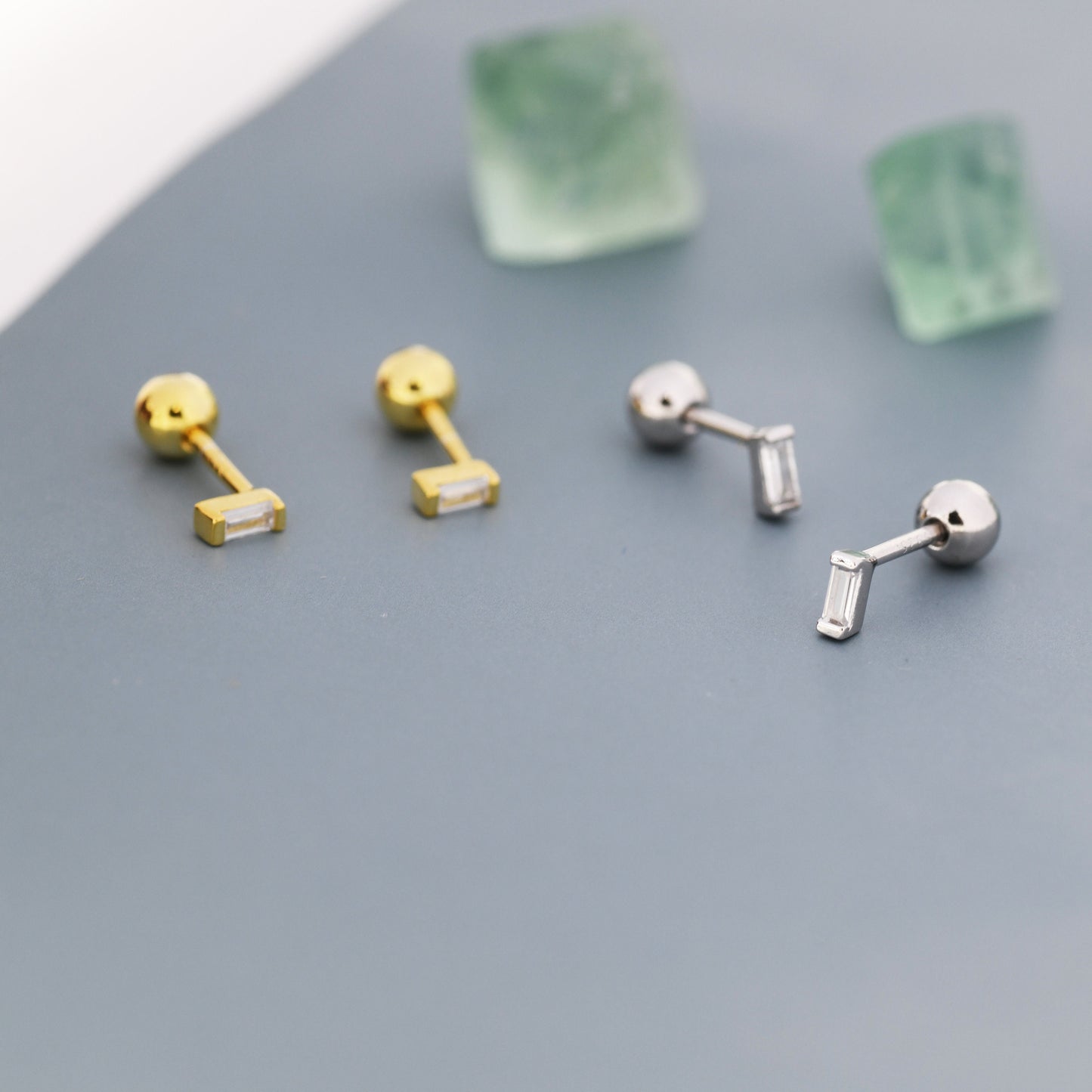 Extra Tiny Baguette CZ Screw Back Earrings in Sterling Silver, Silver or Gold, Geometric CZ Earrings, Stacking Earrings, Barbell Earrings