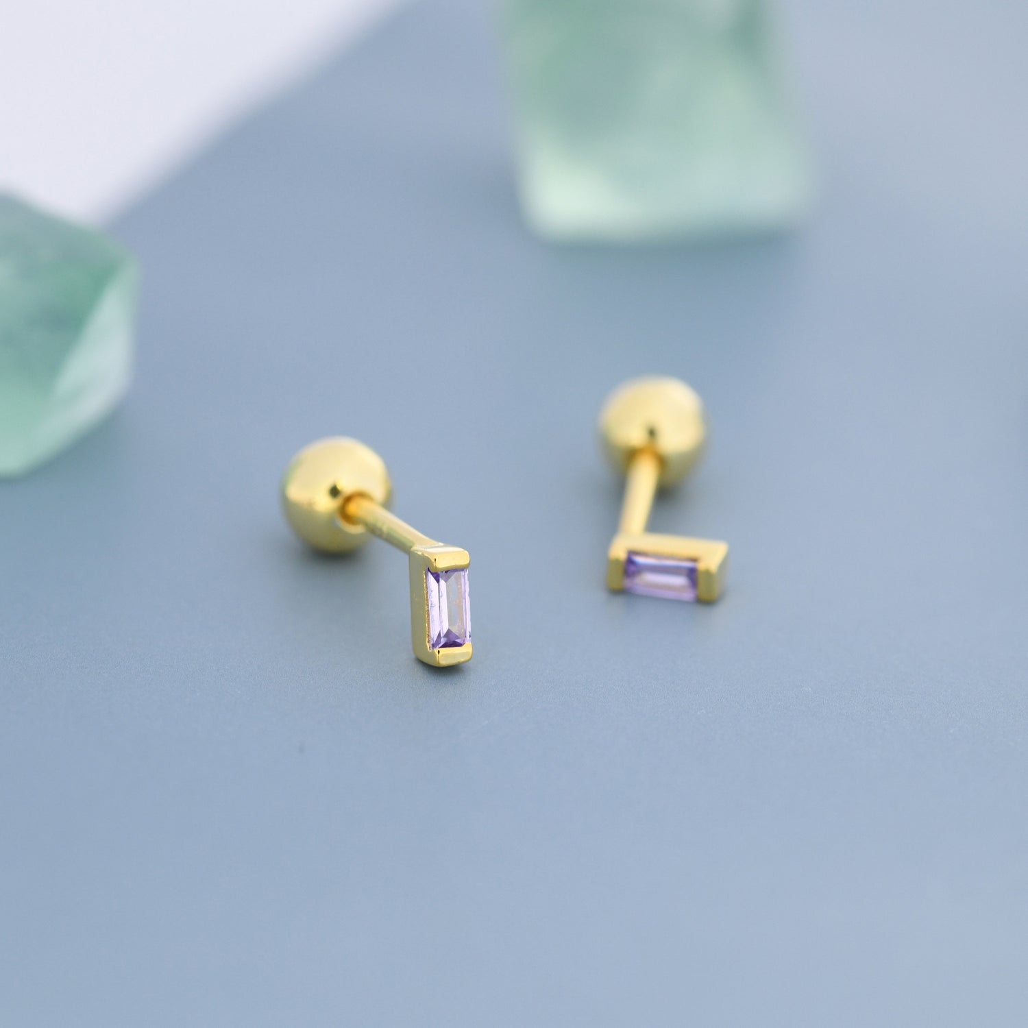Extra Tiny Amethyst Purple Baguette CZ Screw Back Earrings in Sterling Silver, Silver or Gold, Stacking Earrings, Barbell Earrings