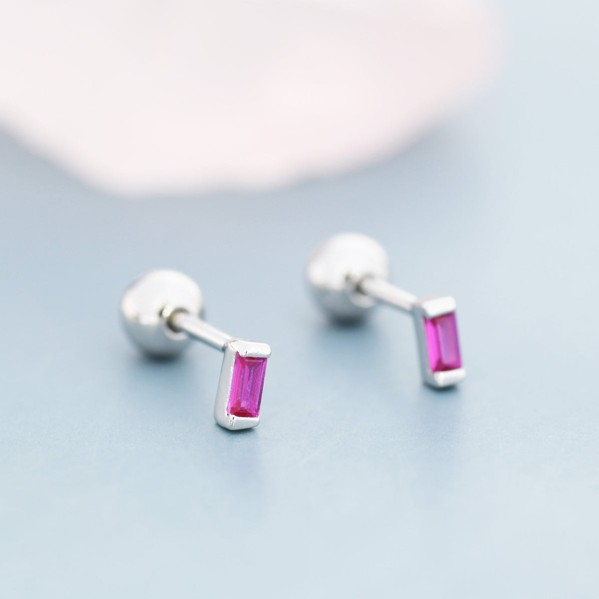 Extra Tiny Ruby Pink Baguette CZ Screw Back Earrings in Sterling Silver, Silver or Gold, Stacking Earrings, Barbell Earrings, Ruby Red