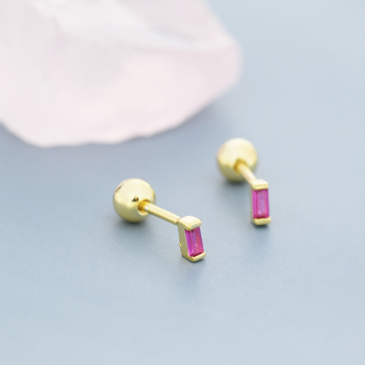 Extra Tiny Ruby Pink Baguette CZ Screw Back Earrings in Sterling Silver, Silver or Gold, Stacking Earrings, Barbell Earrings, Ruby Red