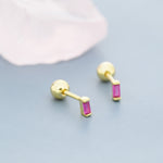 Extra Tiny Ruby Pink Baguette CZ Screw Back Earrings in Sterling Silver, Silver or Gold, Stacking Earrings, Barbell Earrings, Ruby Red