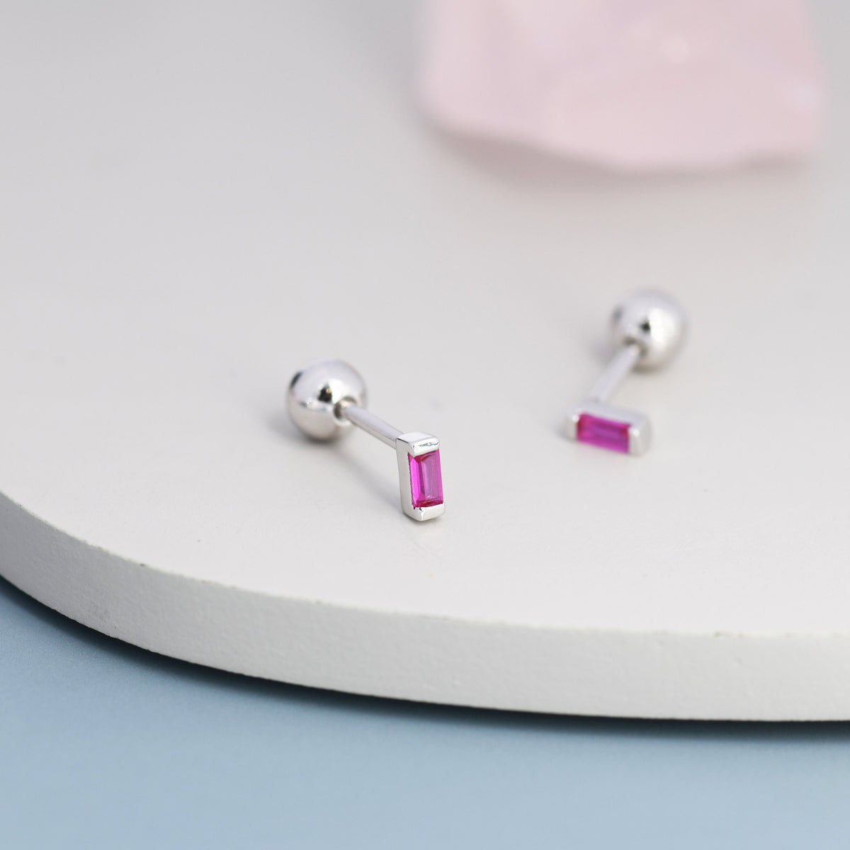 Extra Tiny Ruby Pink Baguette CZ Screw Back Earrings in Sterling Silver, Silver or Gold, Stacking Earrings, Barbell Earrings, Ruby Red