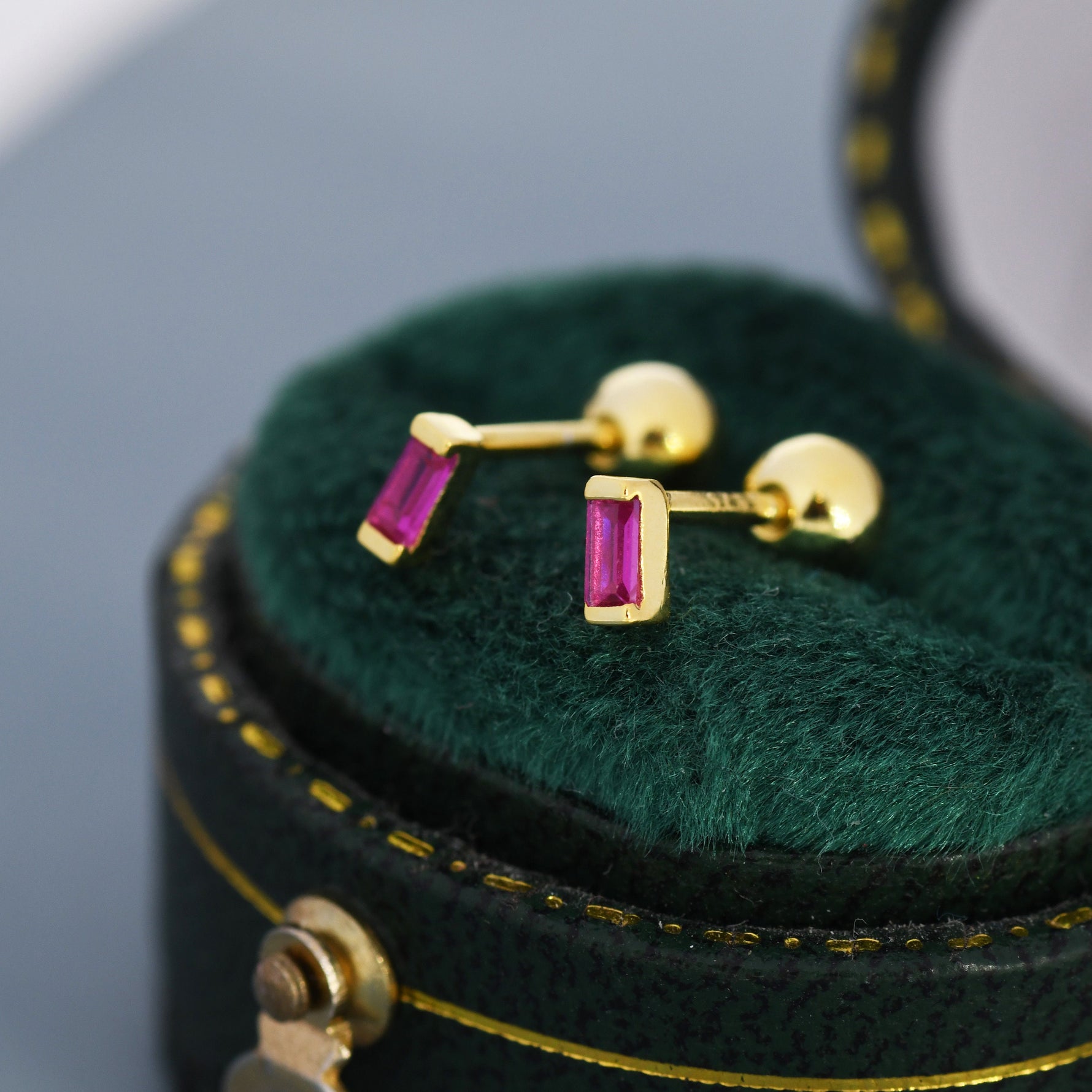 Extra Tiny Ruby Pink Baguette CZ Screw Back Earrings in Sterling Silver, Silver or Gold, Stacking Earrings, Barbell Earrings, Ruby Red
