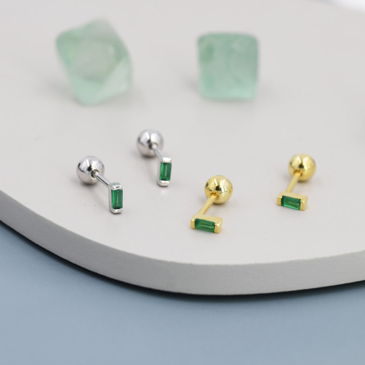 Extra Tiny Emerald Green Baguette CZ Screw Back Earrings in Sterling Silver, Silver or Gold, Stacking Earrings, Barbell Earrings