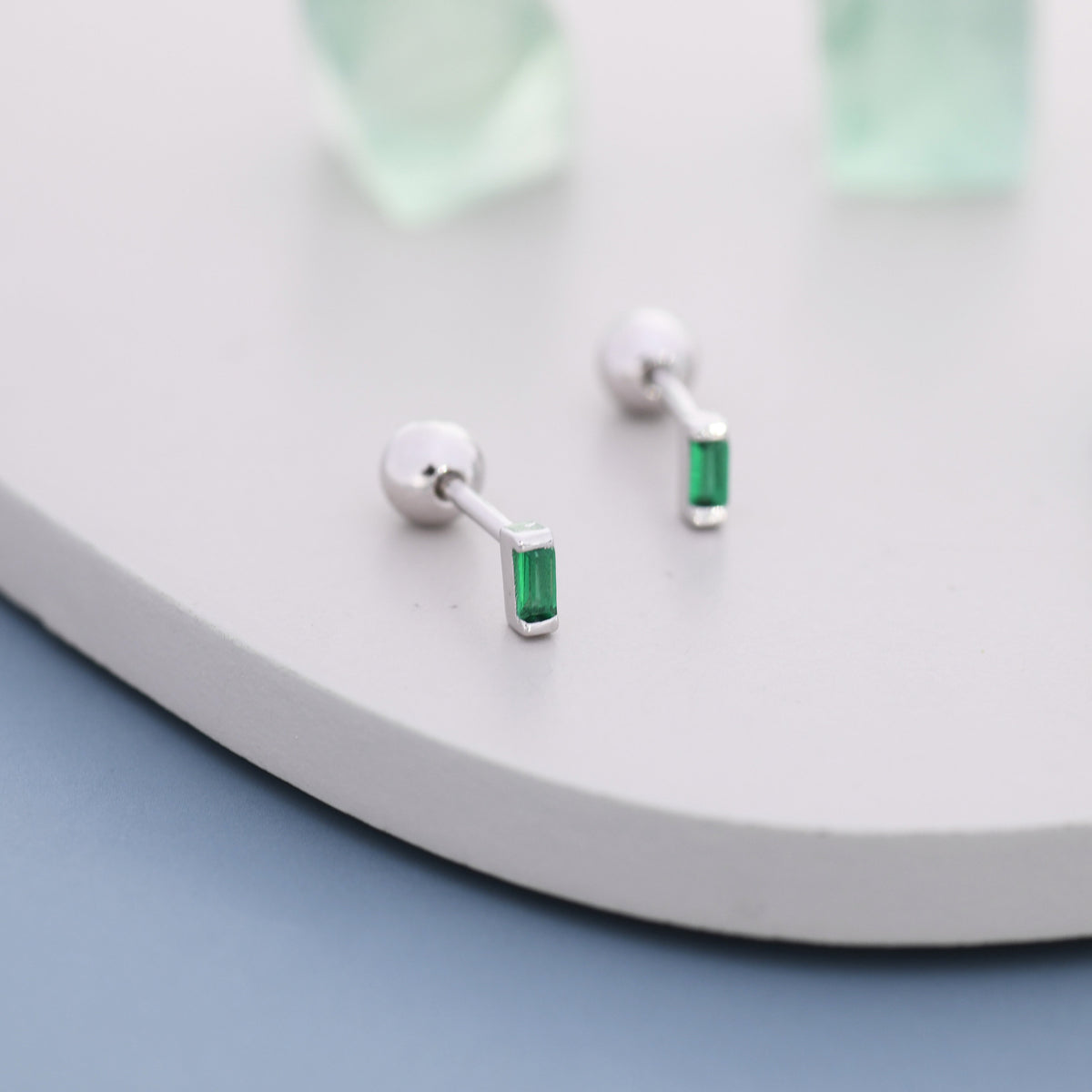 Extra Tiny Emerald Green Baguette CZ Screw Back Earrings in Sterling Silver, Silver or Gold, Stacking Earrings, Barbell Earrings