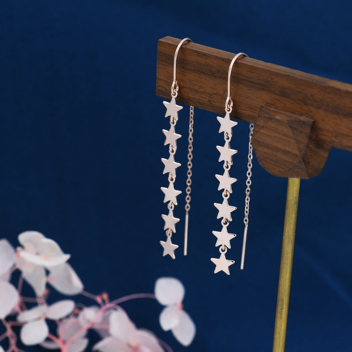 Star Cascade Threader Earrings in Sterling Silver, Star U Shape Ear Threaders, Silver, Gold or Rose Gold, Star Threaders, Long Threaders