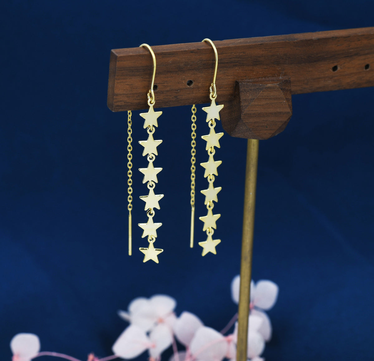 Star Cascade Threader Earrings in Sterling Silver, Star U Shape Ear Threaders, Silver, Gold or Rose Gold, Star Threaders, Long Threaders