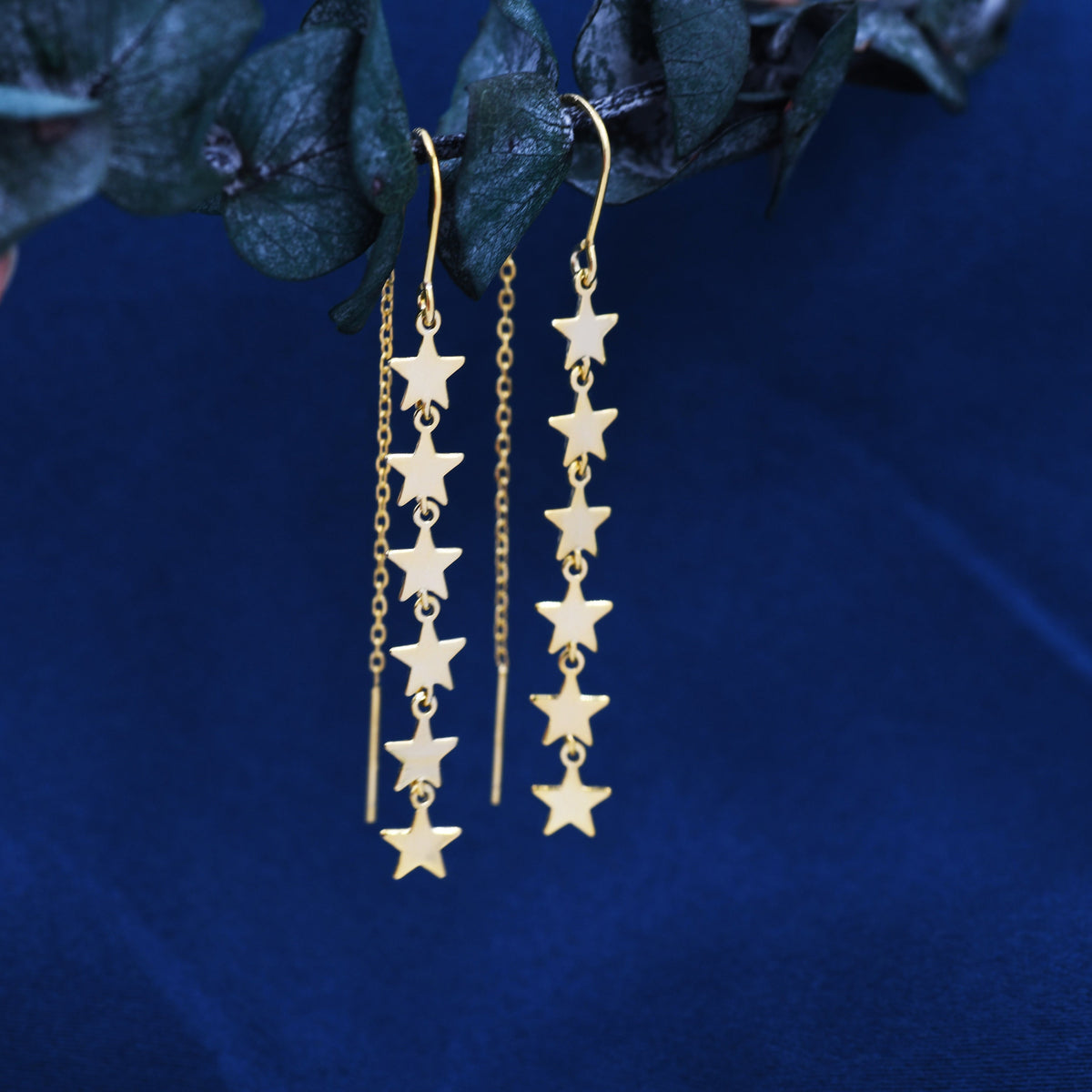 Star Cascade Threader Earrings in Sterling Silver, Star U Shape Ear Threaders, Silver, Gold or Rose Gold, Star Threaders, Long Threaders