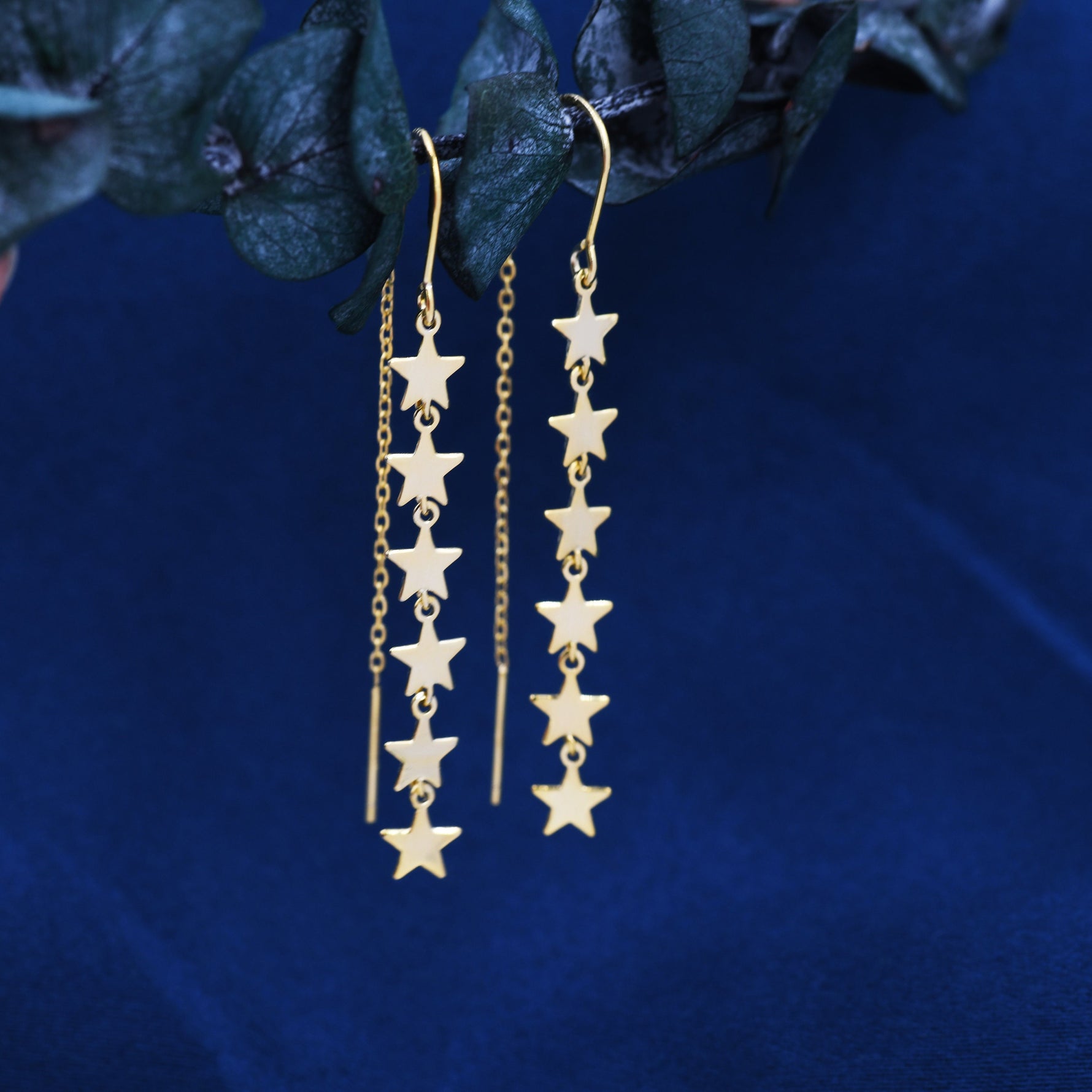 Star Cascade Threader Earrings in Sterling Silver, Star U Shape Ear Threaders, Silver, Gold or Rose Gold, Star Threaders, Long Threaders