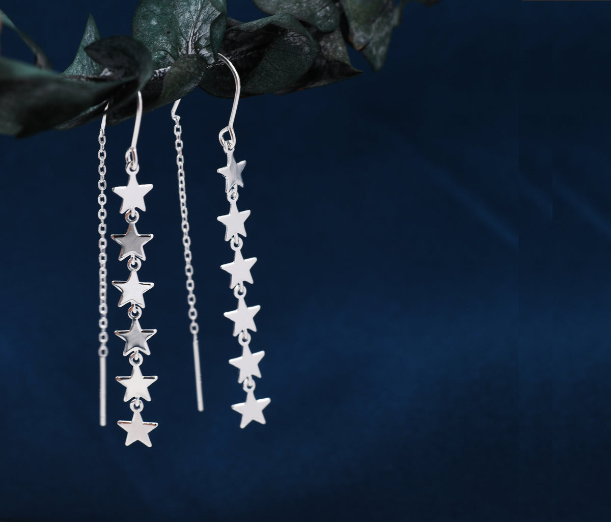 Star Cascade Threader Earrings in Sterling Silver, Star U Shape Ear Threaders, Silver, Gold or Rose Gold, Star Threaders, Long Threaders