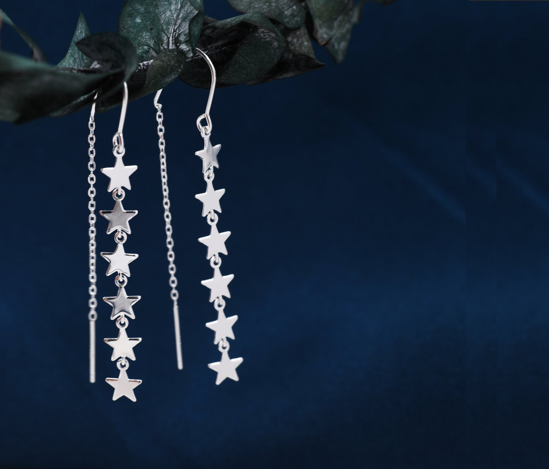 Star Cascade Threader Earrings in Sterling Silver, Star U Shape Ear Threaders, Silver, Gold or Rose Gold, Star Threaders, Long Threaders