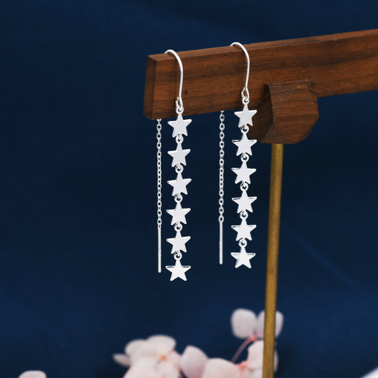 Star Cascade Threader Earrings in Sterling Silver, Star U Shape Ear Threaders, Silver, Gold or Rose Gold, Star Threaders, Long Threaders
