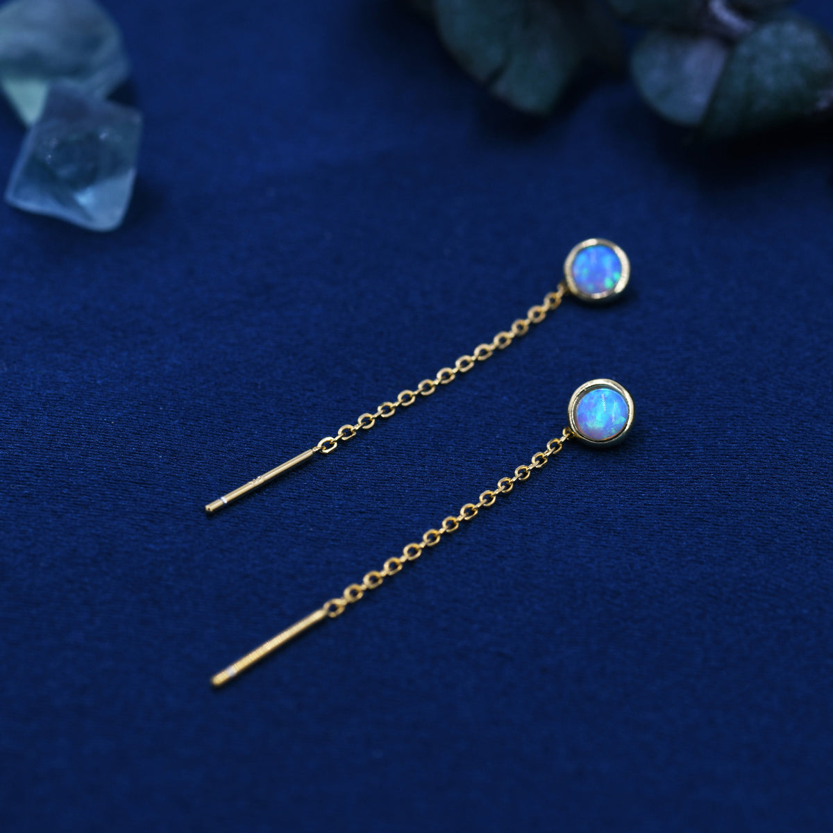 Blue Opal Dot Threader Earrings in Sterling Silver, Lab Opal Ear Threaders, Silver or Gold, Opal Threaders, Chain Earrings